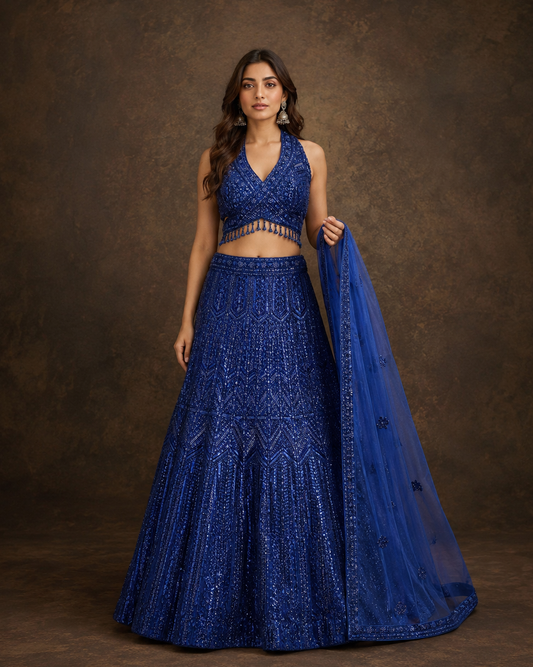 Royal Blue Hand Embroidered Mermaid Cut Lehenga Set with Sequins and Beadwork