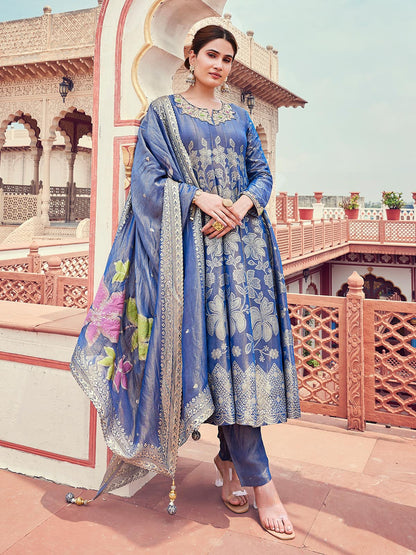 Royal Blue Jacquard Anarkali Set