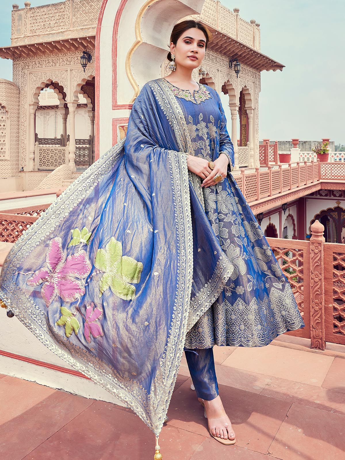 Royal Blue Jacquard Anarkali Set