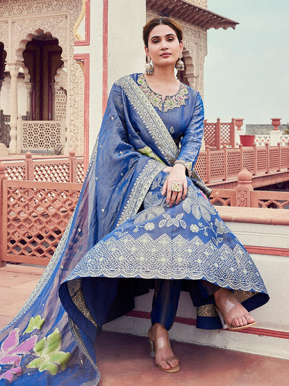Royal Blue Jacquard Anarkali Set
