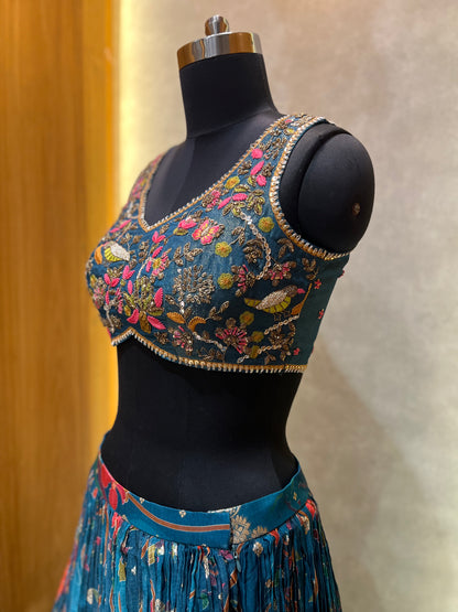 Royal Blue Lehenga with Flora Printed