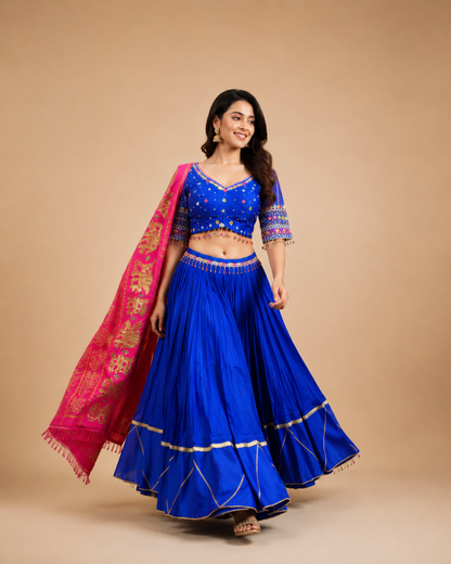 Royal Blue Mirror Work Navratri Chaniya Choli with Pink Embroidered Dupatta