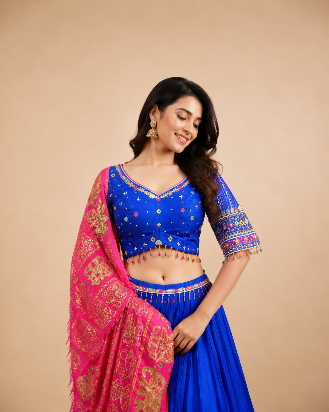Royal Blue Mirror Work Navratri Chaniya Choli with Pink Embroidered Dupatta
