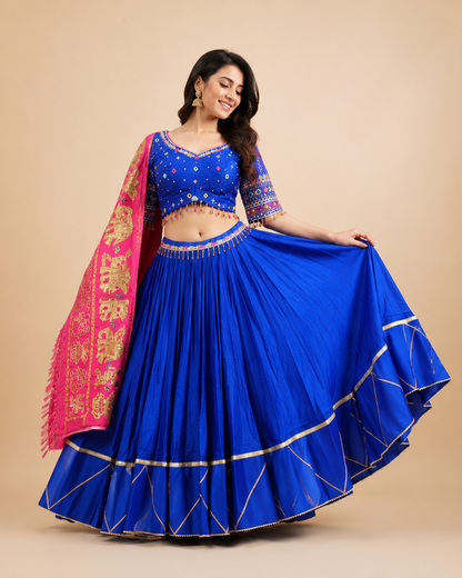 Royal Blue Mirror Work Navratri Chaniya Choli with Pink Embroidered Dupatta