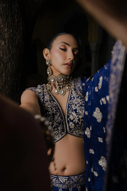 Royal Blue Silk Lehenga Set with Silver Zari Embroidery