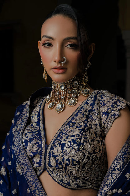 Royal Blue Silk Lehenga Set with Silver Zari Embroidery