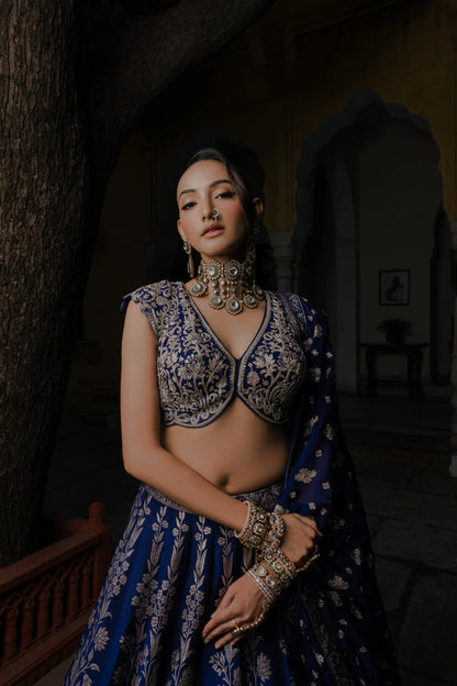 Royal Blue Silk Lehenga Set with Silver Zari Embroidery