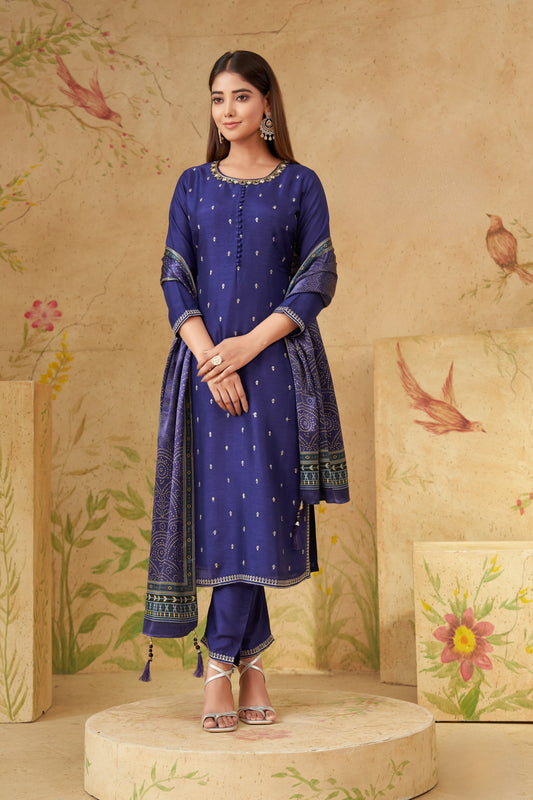 Royal Blue Woven Buti Kurta Set with Jacquard Dupatta