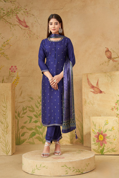 Royal Blue Woven Buti Kurta Set with Jacquard Dupatta