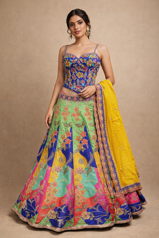 Royal Blue & Multicolor Floral Embroidered Navratri Chaniya Choli with Yellow Dupatta