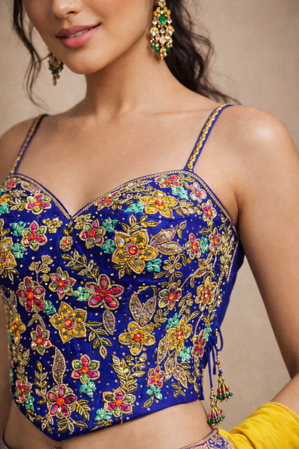 Royal Blue & Multicolor Floral Embroidered Navratri Chaniya Choli with Yellow Dupatta