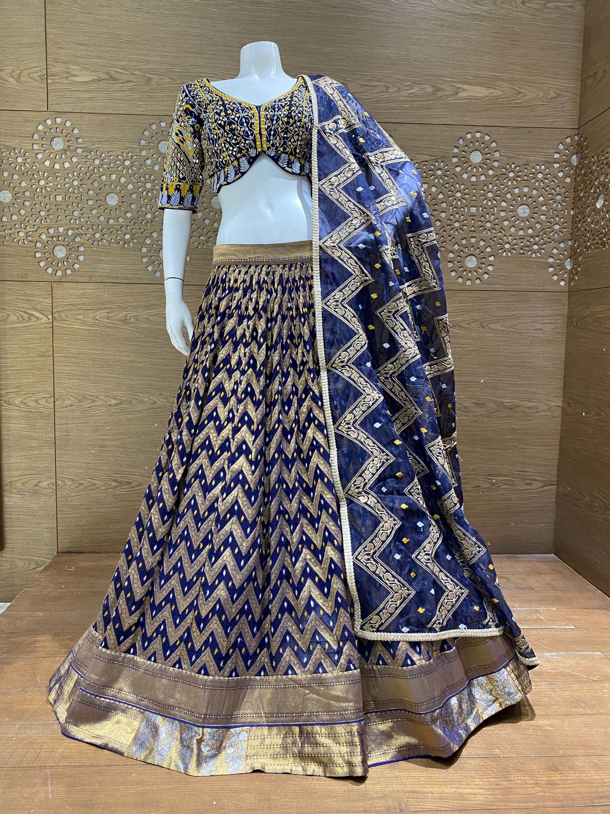 Royal Blue and Antique Gold Chevron Zari Embroidered Lehenga Choli