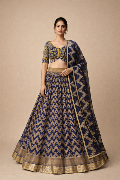 Royal Blue and Antique Gold Chevron Zari Embroidered Lehenga Choli