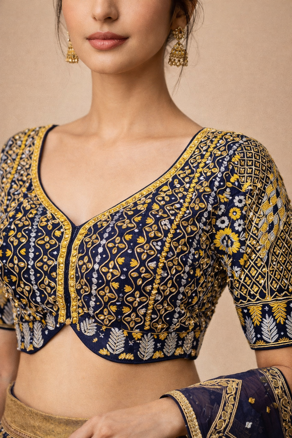 Royal Blue and Antique Gold Chevron Zari Embroidered Lehenga Choli