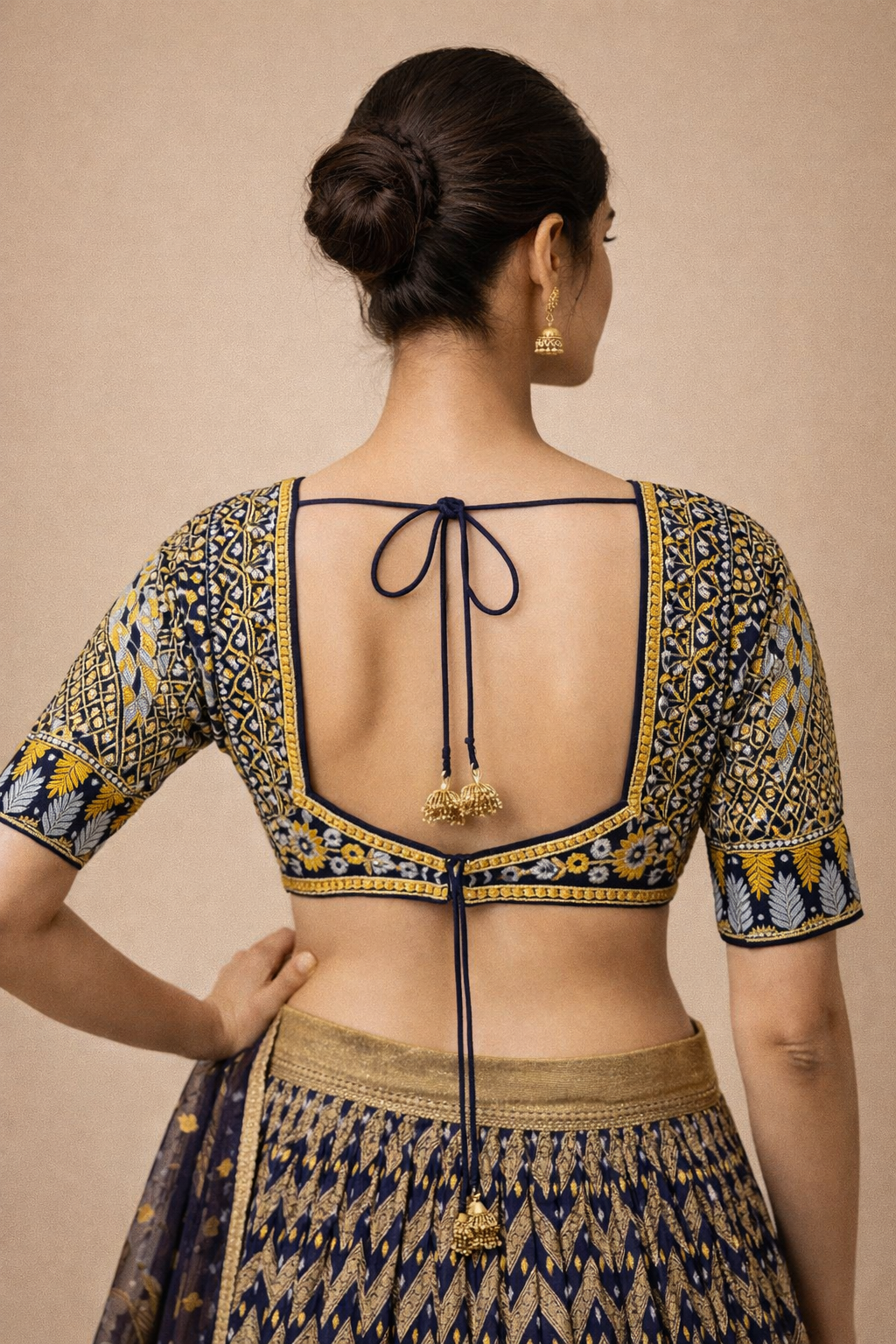 Royal Blue and Antique Gold Chevron Zari Embroidered Lehenga Choli