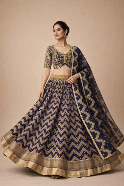 Royal Blue and Antique Gold Chevron Zari Embroidered Lehenga Choli