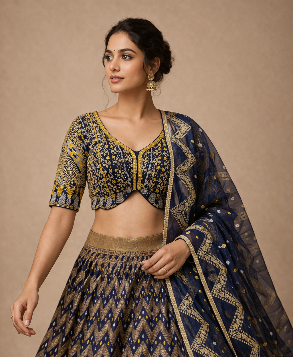 Royal Blue and Antique Gold Chevron Zari Embroidered Lehenga Choli