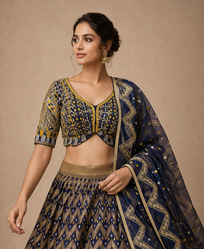 Royal Blue and Antique Gold Chevron Zari Embroidered Lehenga Choli