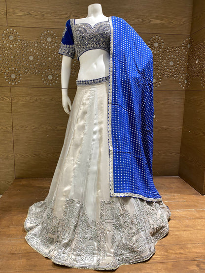 Royal Blue and Ivory Flowing Lehenga Set with Embroidered Blouse
