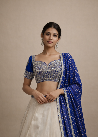 Royal Blue and Ivory Flowing Lehenga Set with Embroidered Blouse