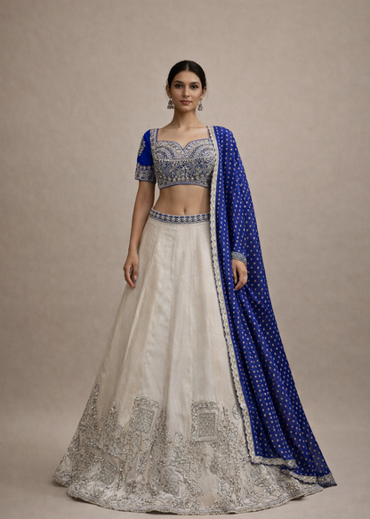 Royal Blue and Ivory Flowing Lehenga Set with Embroidered Blouse