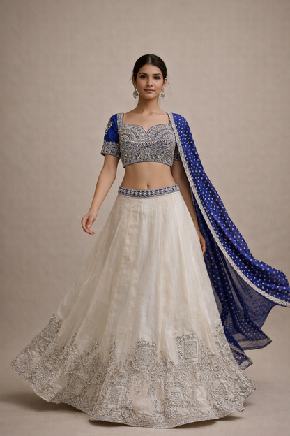 Royal Blue and Ivory Flowing Lehenga Set with Embroidered Blouse