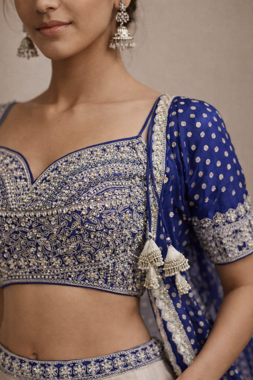 Royal Blue and Ivory Flowing Lehenga Set with Embroidered Blouse