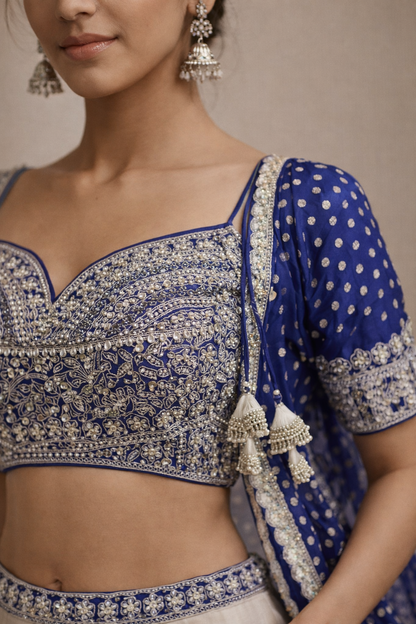 Royal Blue and Ivory Flowing Lehenga Set with Embroidered Blouse