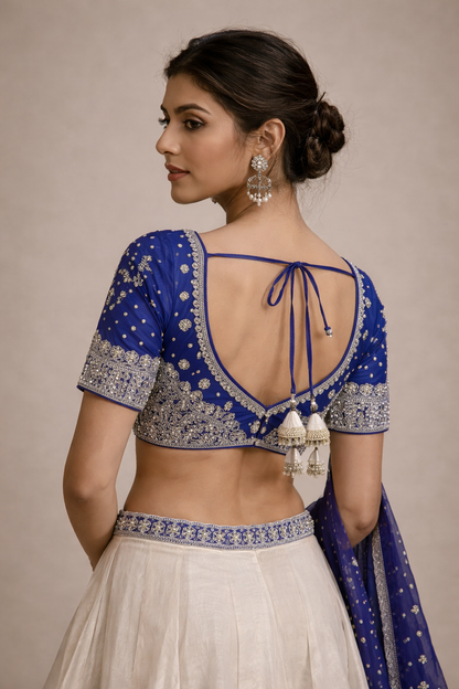 Royal Blue and Ivory Flowing Lehenga Set with Embroidered Blouse