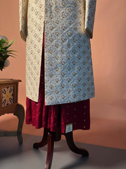 Royal Ivory Embroidered Sherwani with Maroon Kurta Ensemble