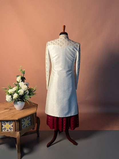 Royal Ivory Embroidered Sherwani with Maroon Kurta Ensemble