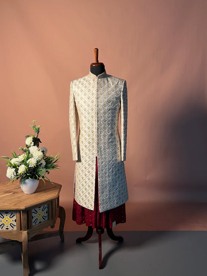 Royal Ivory Embroidered Sherwani with Maroon Kurta Ensemble