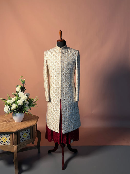 Royal Ivory Embroidered Sherwani with Maroon Kurta Ensemble