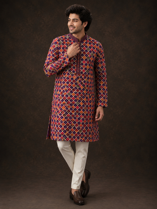 Royal Maroon Geometric Printed Kurta with Multicolor Diamond Pattern