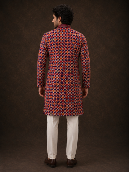 Royal Maroon Geometric Printed Kurta with Multicolor Diamond Pattern