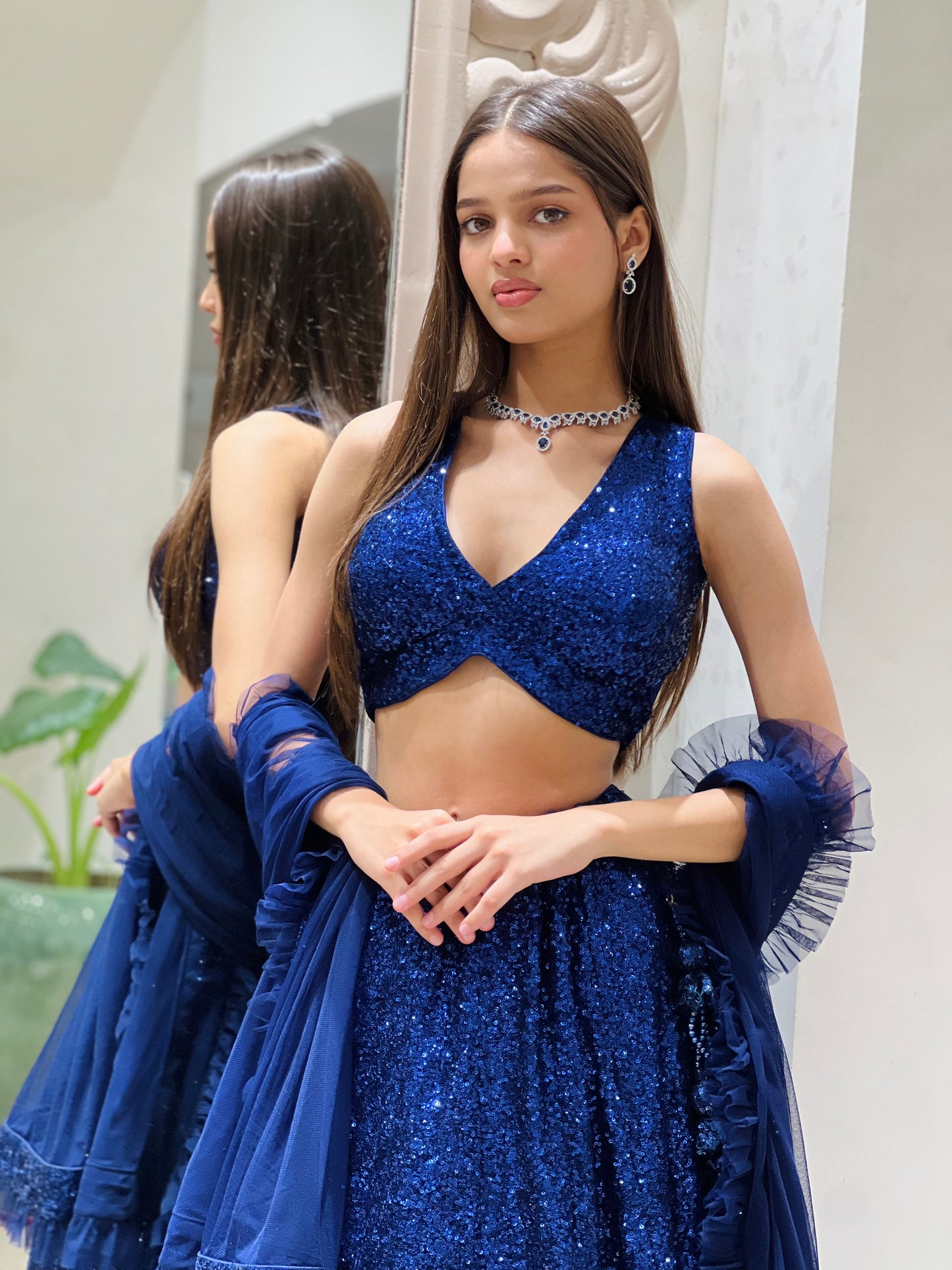 Electric Blue Sparkle Sequin Lehenga Choli Set