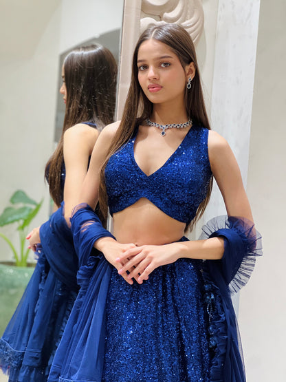 Electric Blue Sparkle Sequin Lehenga Choli Set