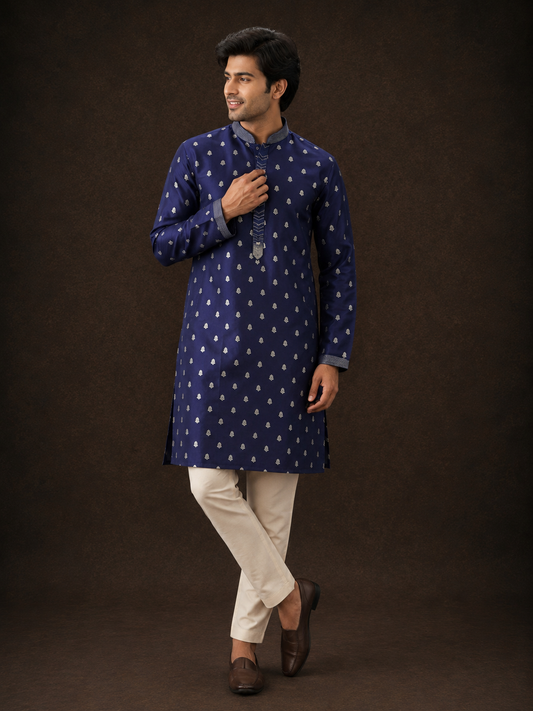 Royal Navy Blue Buti Printed Kurta