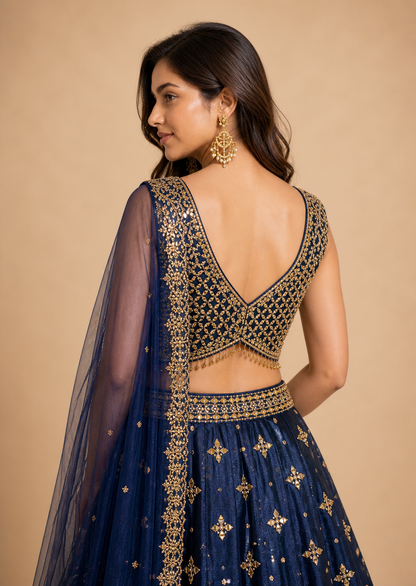 Royal Navy Blue and Antique Gold Lehenga Choli with Heavy Zari Embroidery