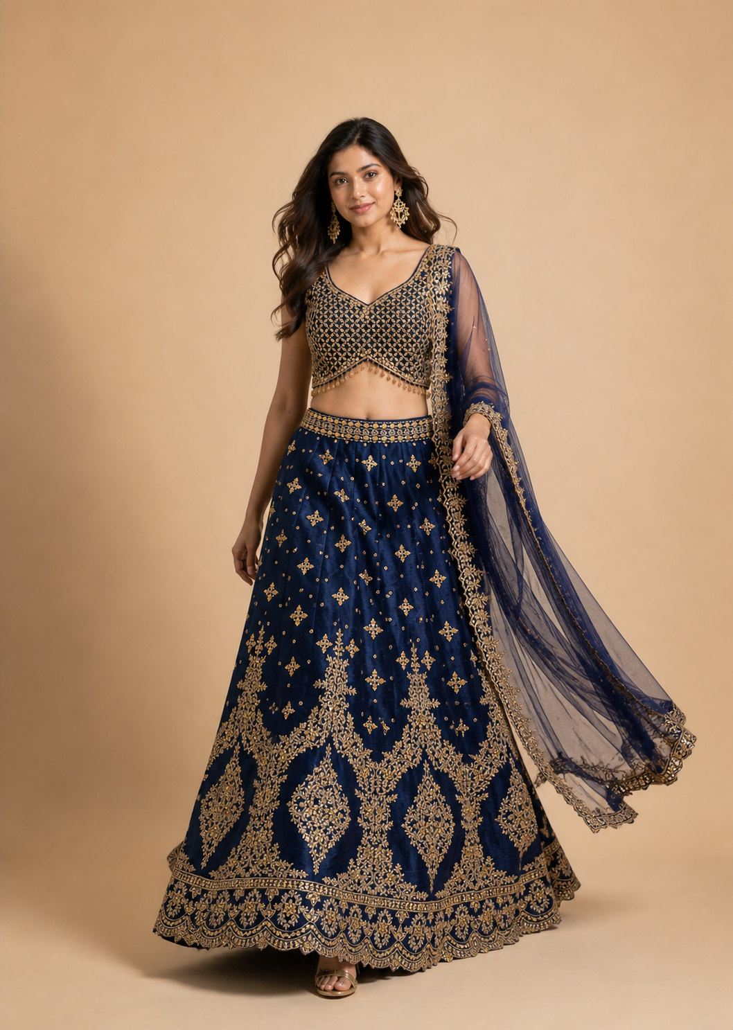 Royal Navy Blue and Antique Gold Lehenga Choli with Heavy Zari Embroidery