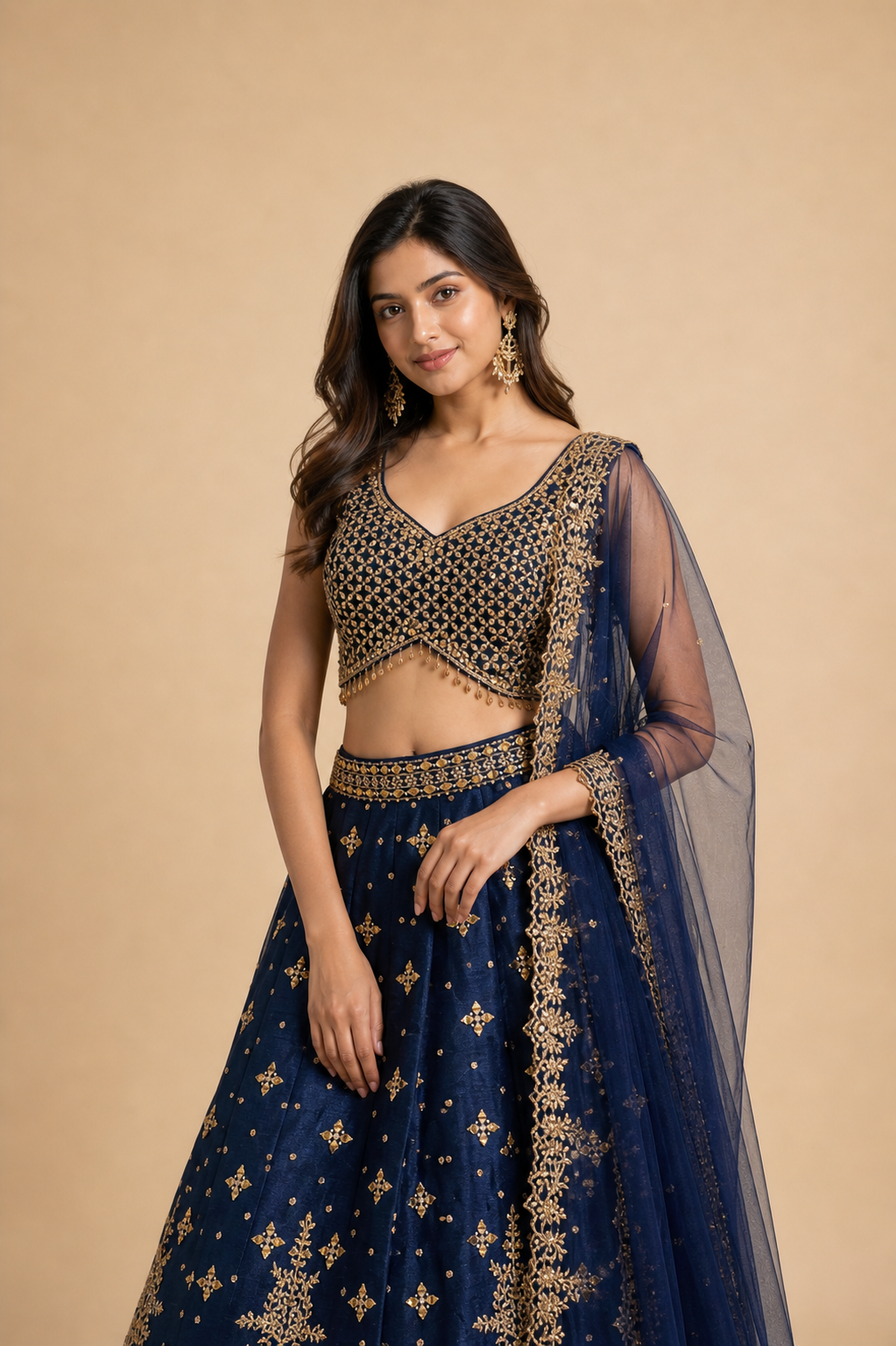 Royal Navy Blue and Antique Gold Lehenga Choli with Heavy Zari Embroidery