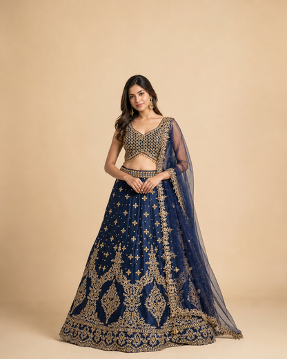 Royal Navy Blue and Antique Gold Lehenga Choli with Heavy Zari Embroidery