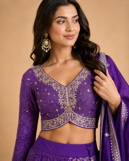 Royal Purple Bandhani Print Lehenga Choli with Zari Embroidery & Designer Dupatta