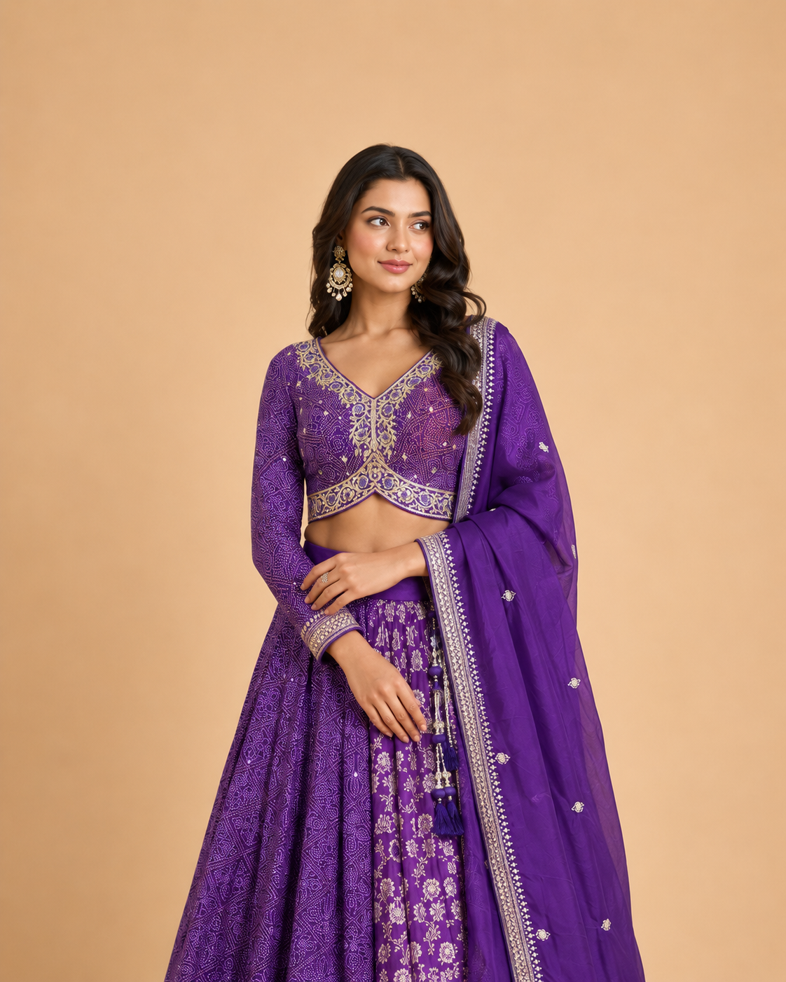 Royal Purple Bandhani Print Lehenga Choli with Zari Embroidery & Designer Dupatta