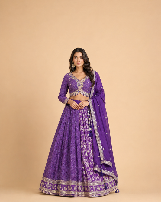 Royal Purple Bandhani Print Lehenga Choli with Zari Embroidery & Designer Dupatta
