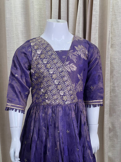Royal Purple Brocade Anarkali Gown for Girls
