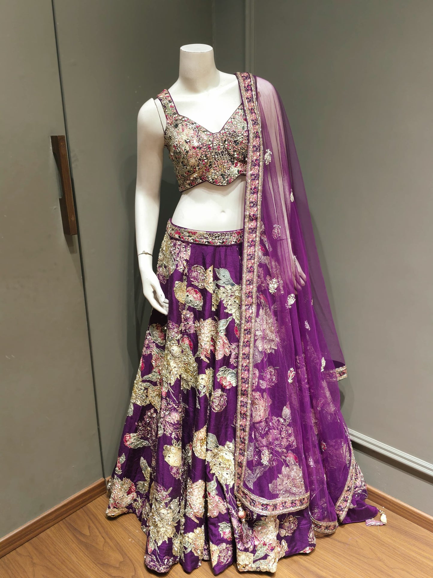 Royal Purple Designer Wedding Lehenga with Heavy Floral Zari Embroidery & Net Dupatta
