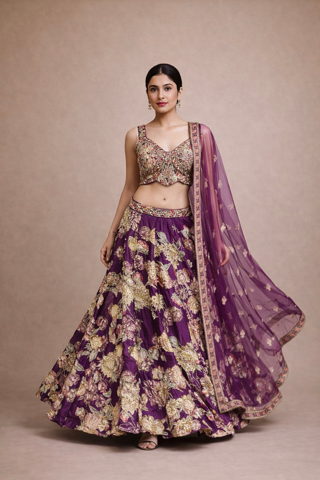 Royal Purple Designer Wedding Lehenga with Heavy Floral Zari Embroidery & Net Dupatta