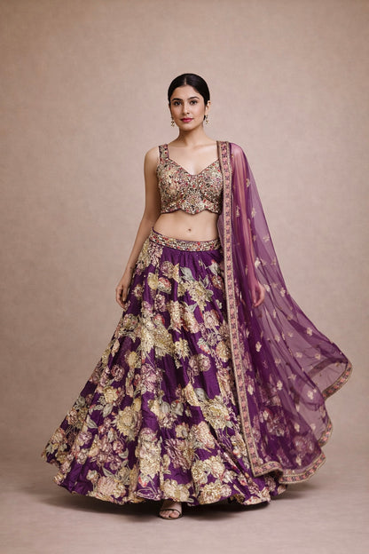Royal Purple Designer Wedding Lehenga with Heavy Floral Zari Embroidery & Net Dupatta