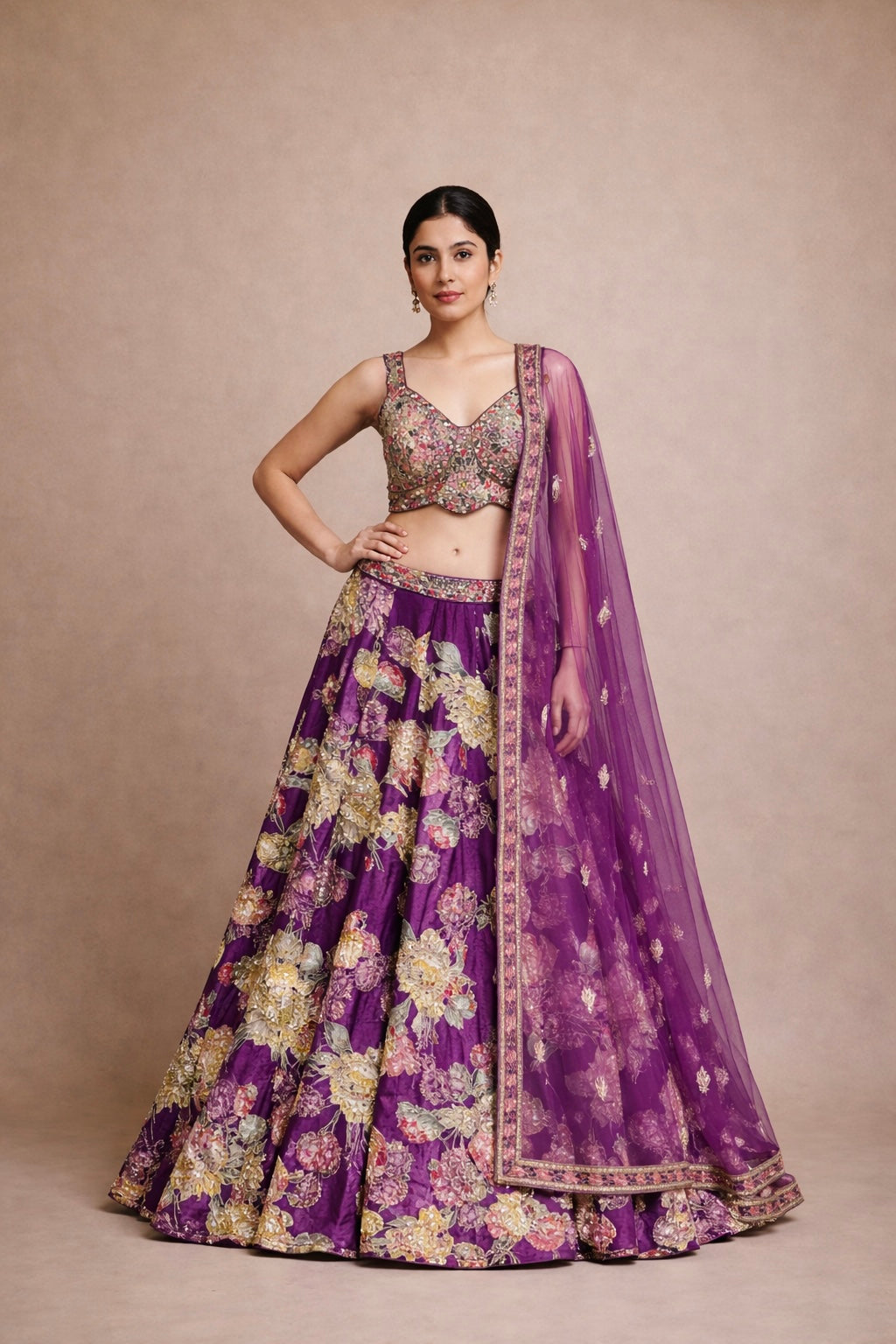 Royal Purple Designer Wedding Lehenga with Heavy Floral Zari Embroidery & Net Dupatta